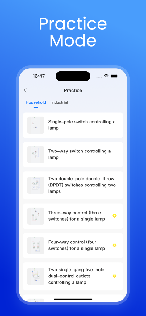 WireGo - WireGo app practice mode showing a list of household wiring circuit exercises