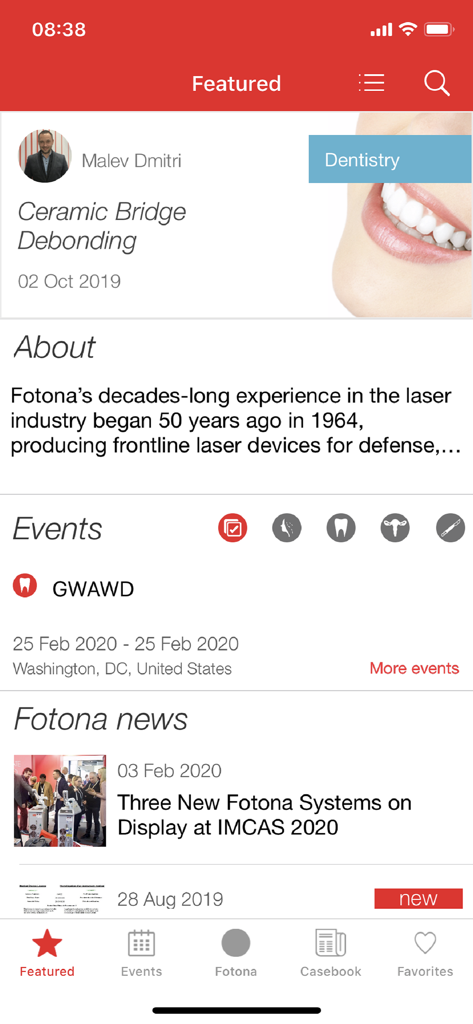 Fotona - Fotonaアプリのホーム画面のスクリーンショット。注目の歯科治療、医療イベント、業界ニュースを表示しています。