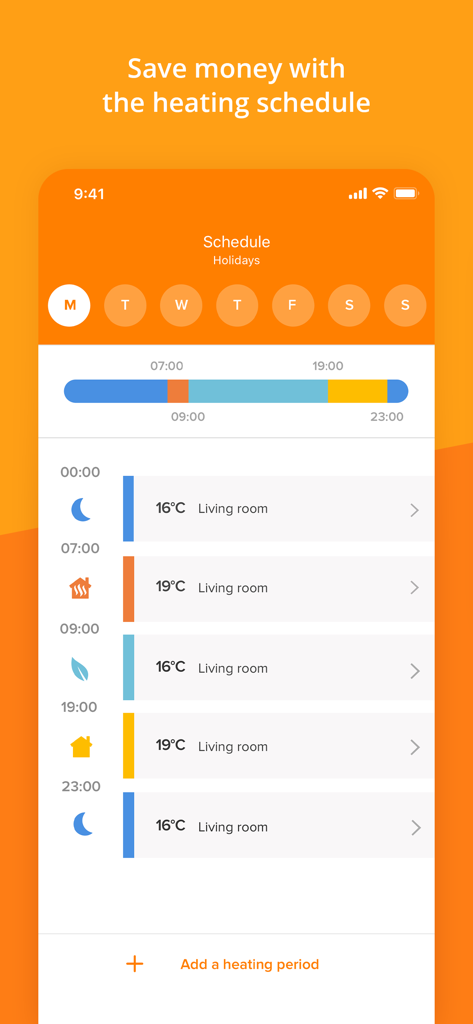 Netatmo Energy - Netatmo Energy app interface showing a customized daily heating schedule for a living room to save energy.