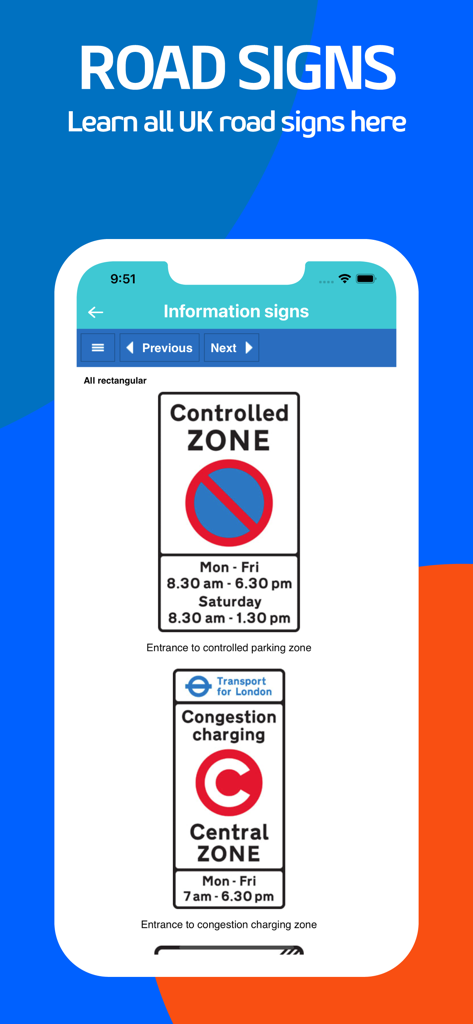 The Complete Theory Test 2026 - UK driving theory test app screen displaying information road signs for controlled and congestion zones