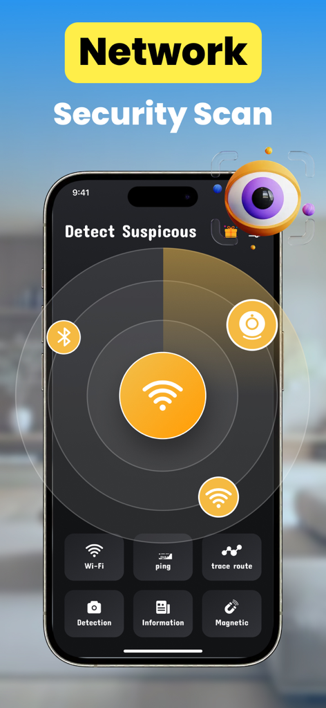Smartphone che mostra la schermata Scansione di Sicurezza di Rete dell'app Rilevatore di Telecamere Nascoste con un'interfaccia radar che rileva dispositivi sospetti.