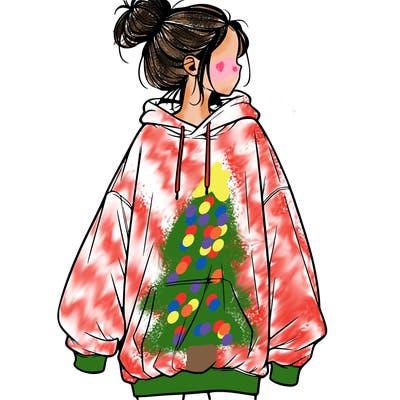 realistic girl with a oversized sweatshirt on and a bun