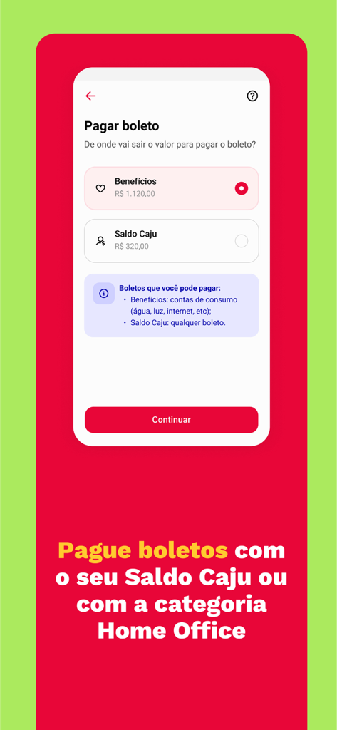 Écran de l'application Caju montrant les options de paiement de factures en utilisant des avantages ou des soldes en espèces