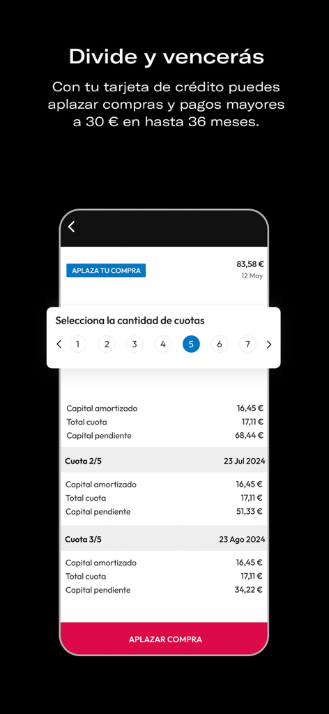 Pantalla de la app Openbank que muestra la selección de plazos para pagos de tarjetas de crédito