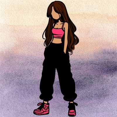 girl in baggy pants crop top and long hair