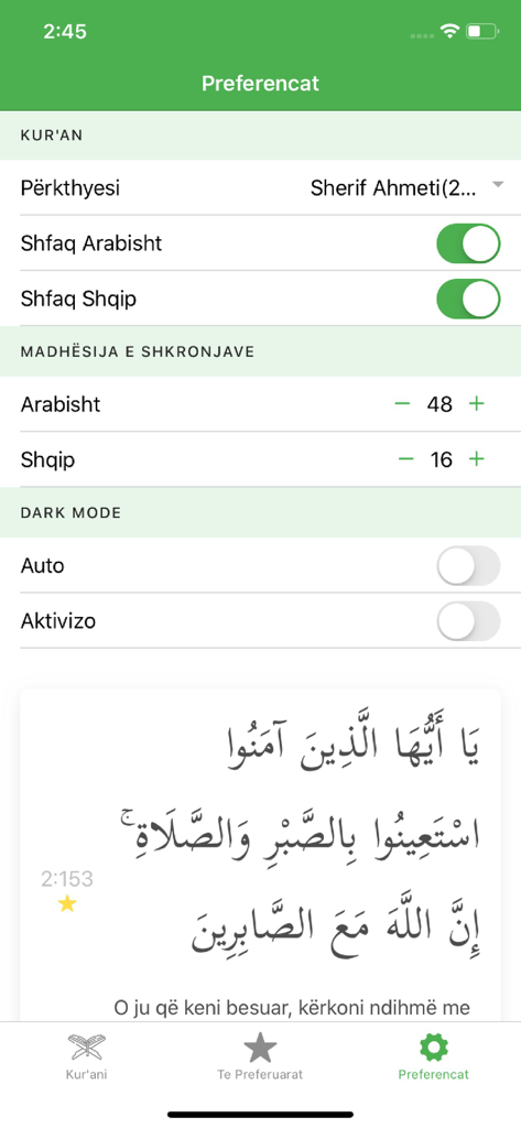 Settings interface of the Kurani app showing translation and font customization options