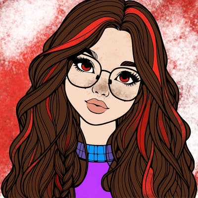 girl with long hair and freckles and glasses realistic