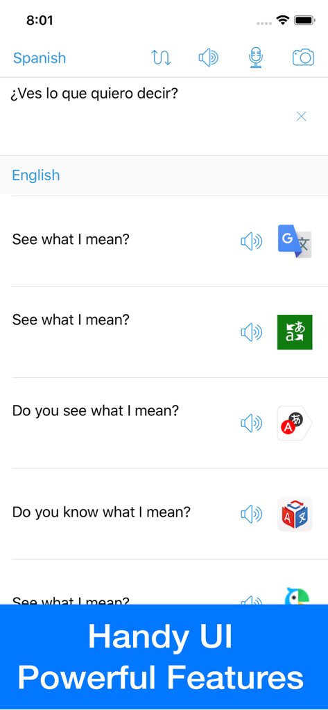 Interface showing multiple translation engine results for a Spanish phrase