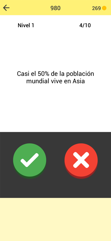True Or False app screenshot showing a trivia statement about Asia population with response buttons