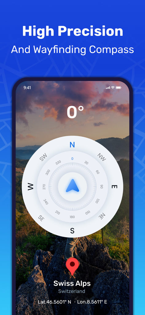 GPS Map Navigation - High precision wayfinding compass on a smartphone screen showing coordinates in the Swiss Alps.