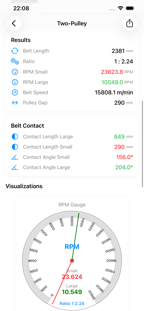 Pulley and Belt Calculator - Two-pulley system calculation results and RPM gauge visualization in the Pulley and Belt Calculator app