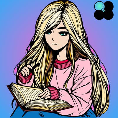 realistic girl with long hair wearing a baggie sweater reading a book