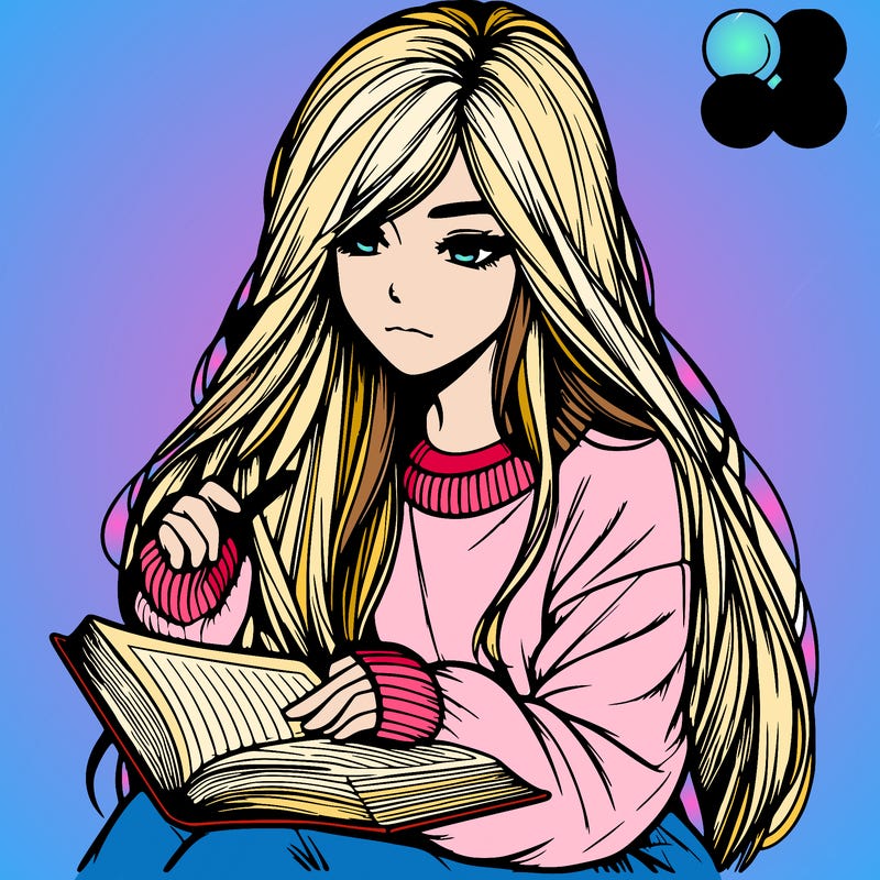 realistic girl with long hair wearing a baggie sweater reading a book