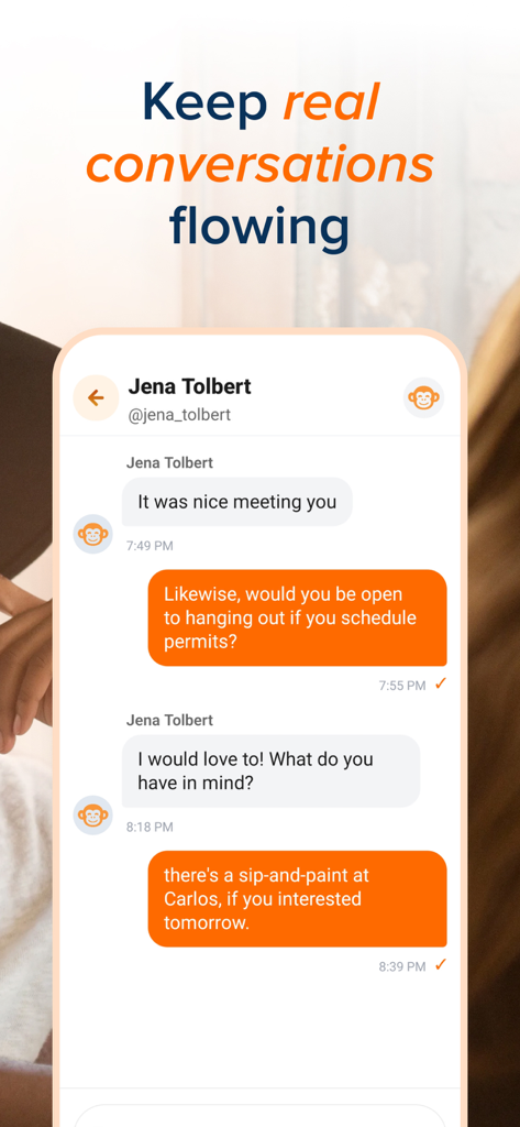 Meet OffScreen: IRL Friends - A mobile screen showing a friendly text conversation between users planning a local event meetup.