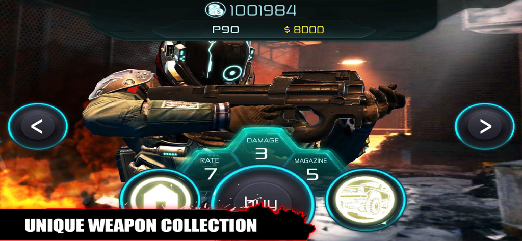 Zombie Survival Dead Shooting - Futuristic soldier inspecting a P90 submachine gun in the unique weapon collection menu of Zombie Survival Dead Shooting.