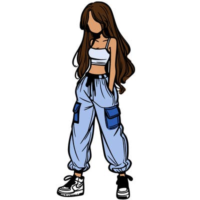 girl in baggy pants crop top and long hair