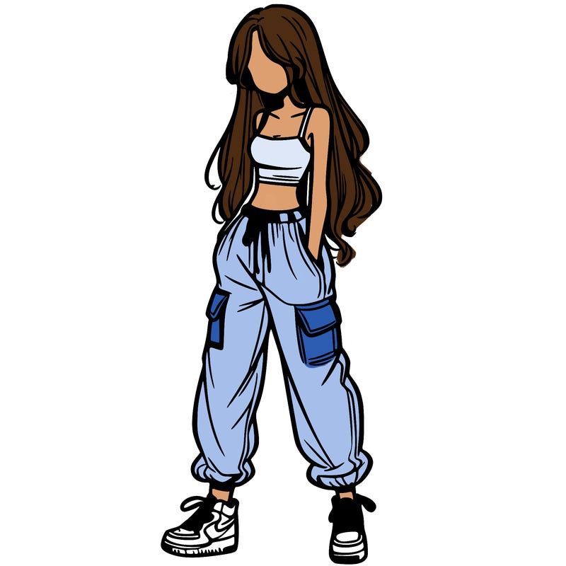 girl in baggy pants crop top and long hair