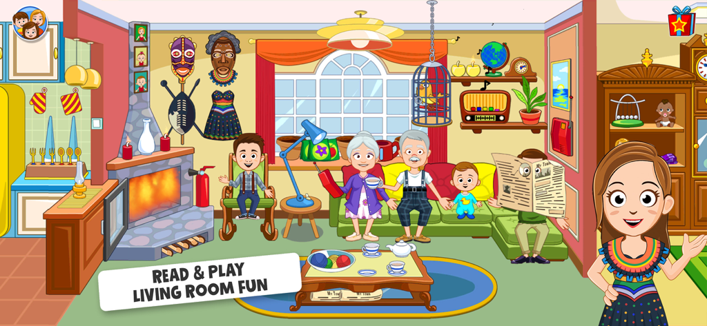 Cartoon family characters including grandparents and kids interacting in a decorated living room within the My Town Grandparents app.