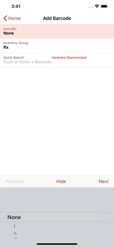 PioneerRx Mobile Inventory - Pharmacy inventory app screen for adding drug barcodes with options for auto binning and inventory groups