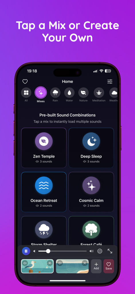 Softly: Sleep & Relax Sounds - Softly app screenshot showing pre-built ambient sound combinations and playback controls.