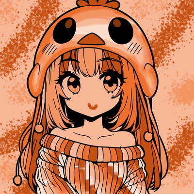 anime girl with chick shaped hat with sweater with bare shoulders with bangs covering them one eye with low tail