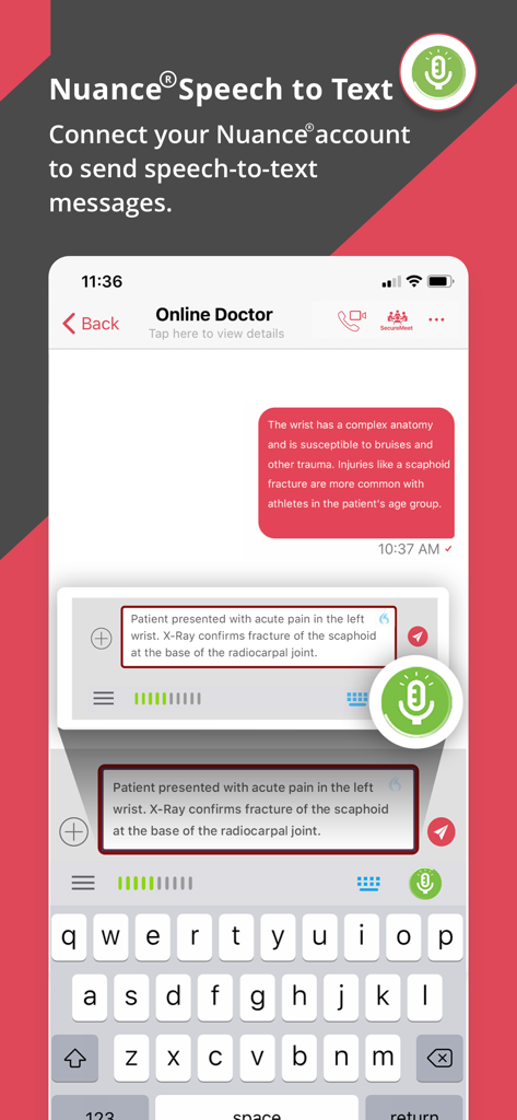 NetSfere Secure Messaging - NetSfere secure messaging app interface showing Nuance Speech to Text integration for medical professionals.