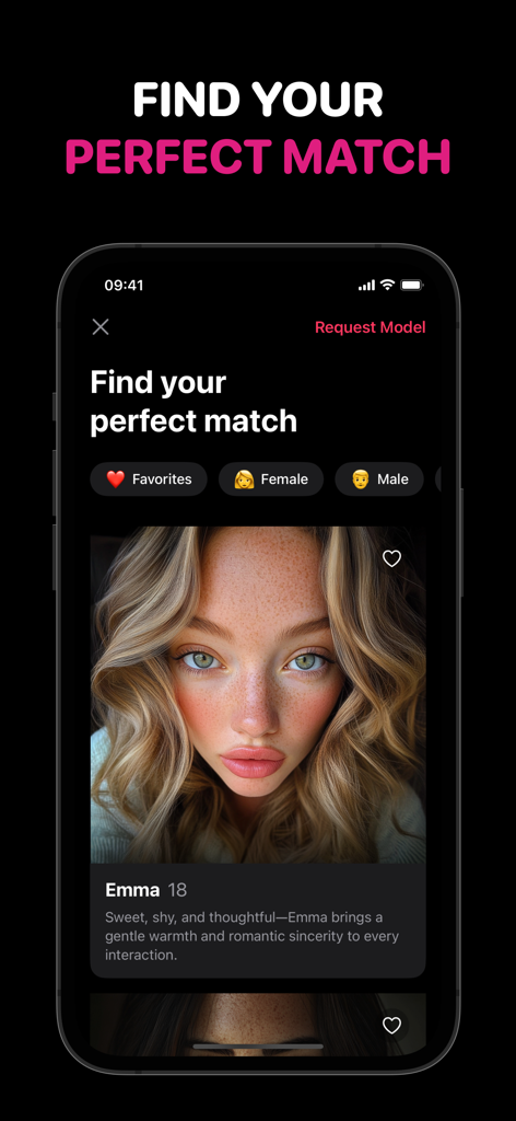 AI Chat Virtual Girlfriend app interface showing a character profile named Emma and match selection filters.