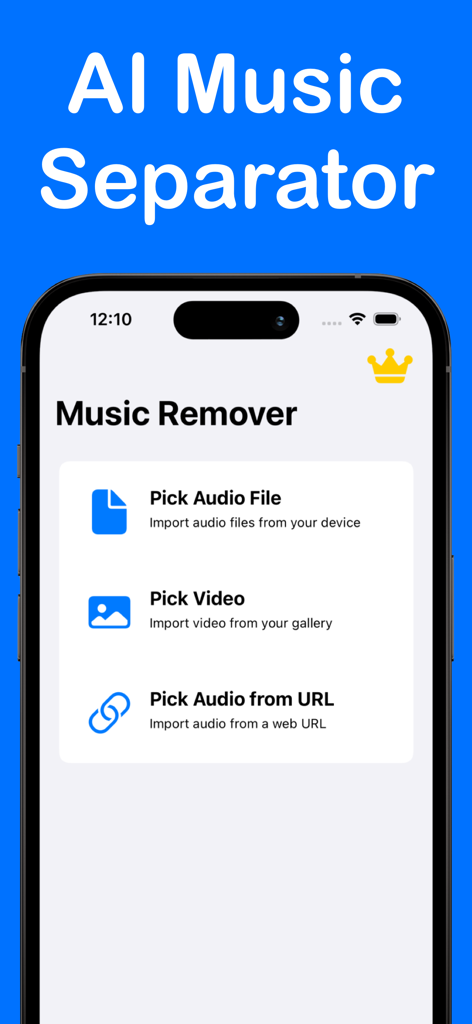 Interface of the AI Music Separator app showing options to pick audio, video, or URL files for vocal removal