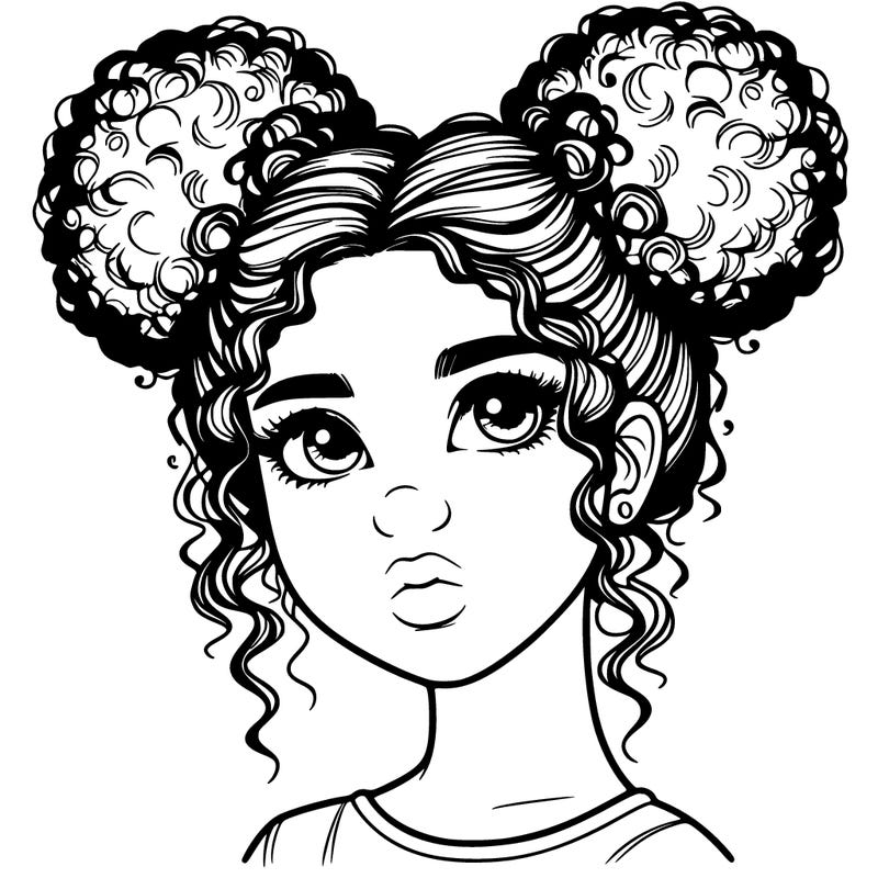 realistic girl with curly buns on the top of her head