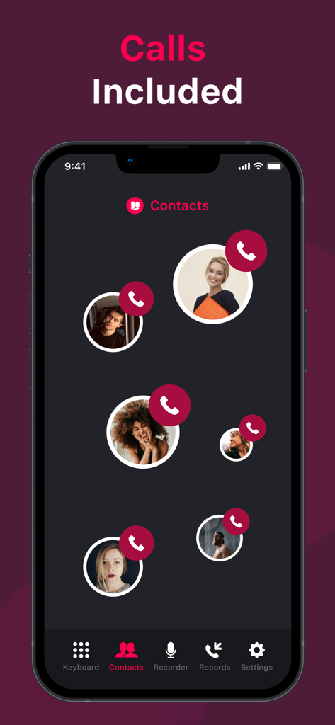 iPhone interface showing contacts with profile pictures and call icons in the Call Recorder app.