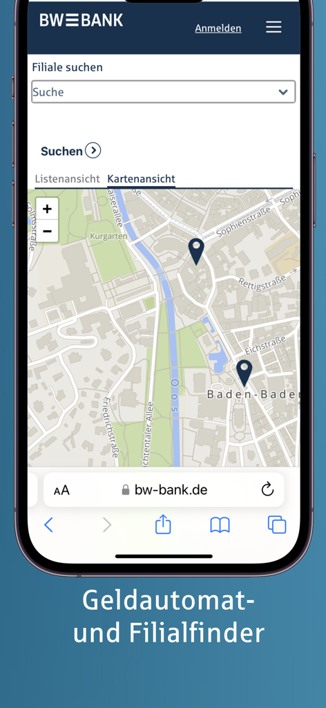 Uma tela de smartphone exibindo o mapa localizador de caixas eletrônicos e agências BW-Bank com marcadores de localização.