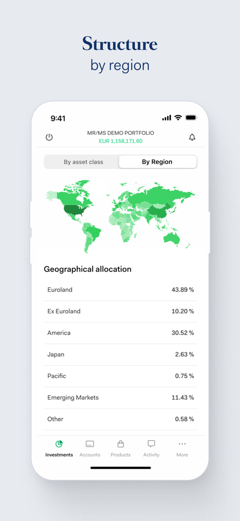 Bildschirm der mobilen App mit Anzeige der Struktur des Anlageportfolios nach geografischer Region mit einer Weltkarte und prozentualer Aufschlüsselung.