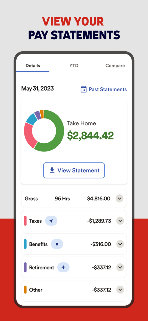 ADP app interface showing a detailed pay statement with a breakdown of earnings and deductions.