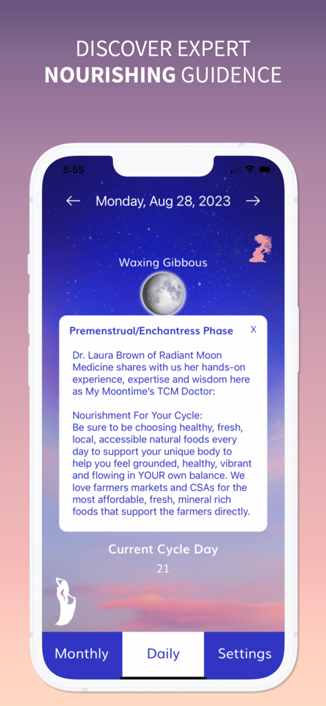 Pantalla diaria de la aplicación My Moontime que muestra sugerencias de nutrición para la fase premenstrual basadas en la luna y el día del ciclo.