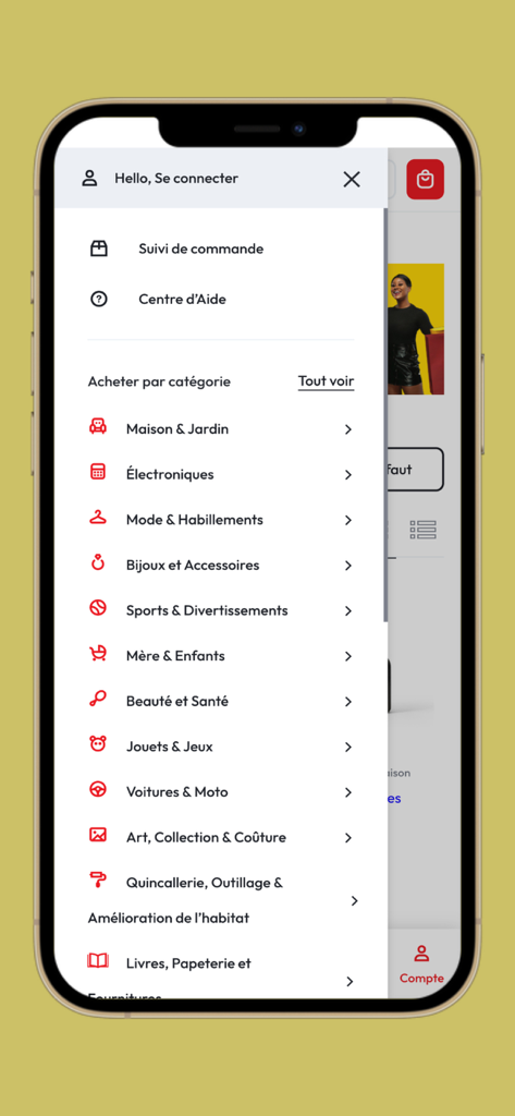 Malaba Marketplace - Malaba Marketplace app side menu showing shopping categories in French