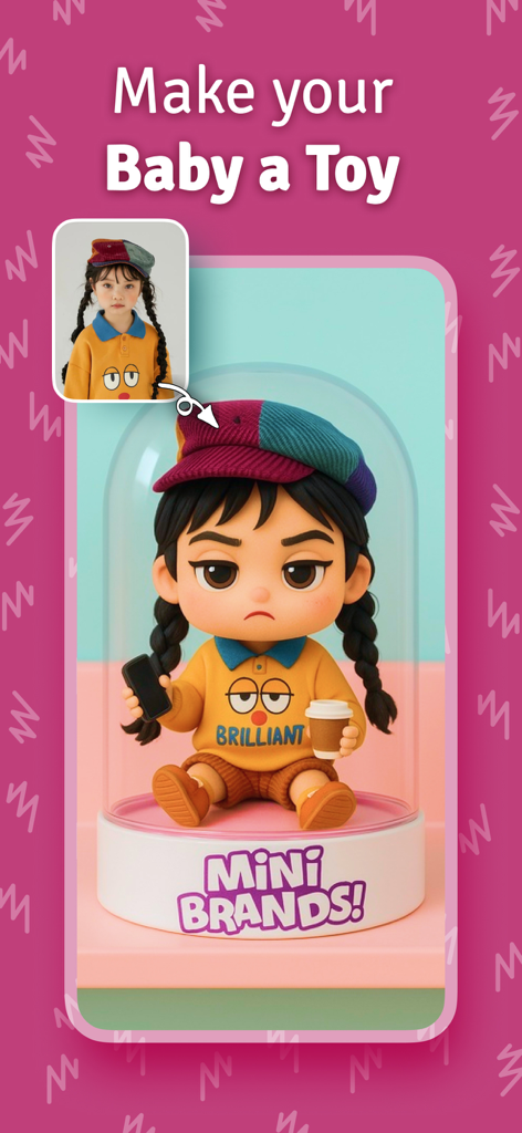 Baby Dance - AI Video - Baby Danceアプリのスクリーンショットで、子供の写真をディスプレイケース内の3Dのおもちゃのフィギュアに変換しています。