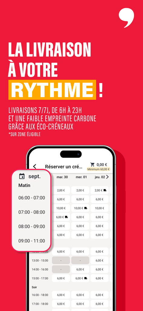 Monoprix.fr Courses - Écran de sélection des créneaux de livraison de l'application Monoprix