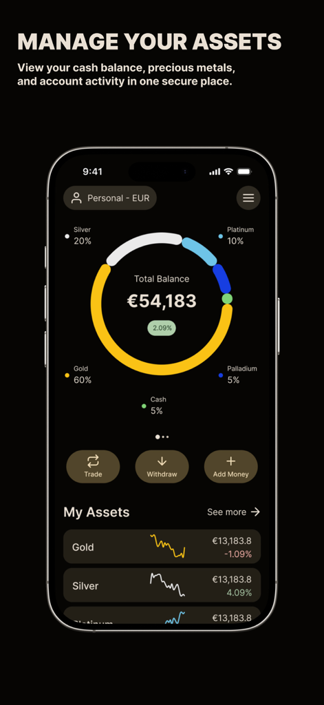 Panel de la aplicación móvil GoldCore que muestra un saldo total y un gráfico circular de tenencias de metales preciosos como oro y plata