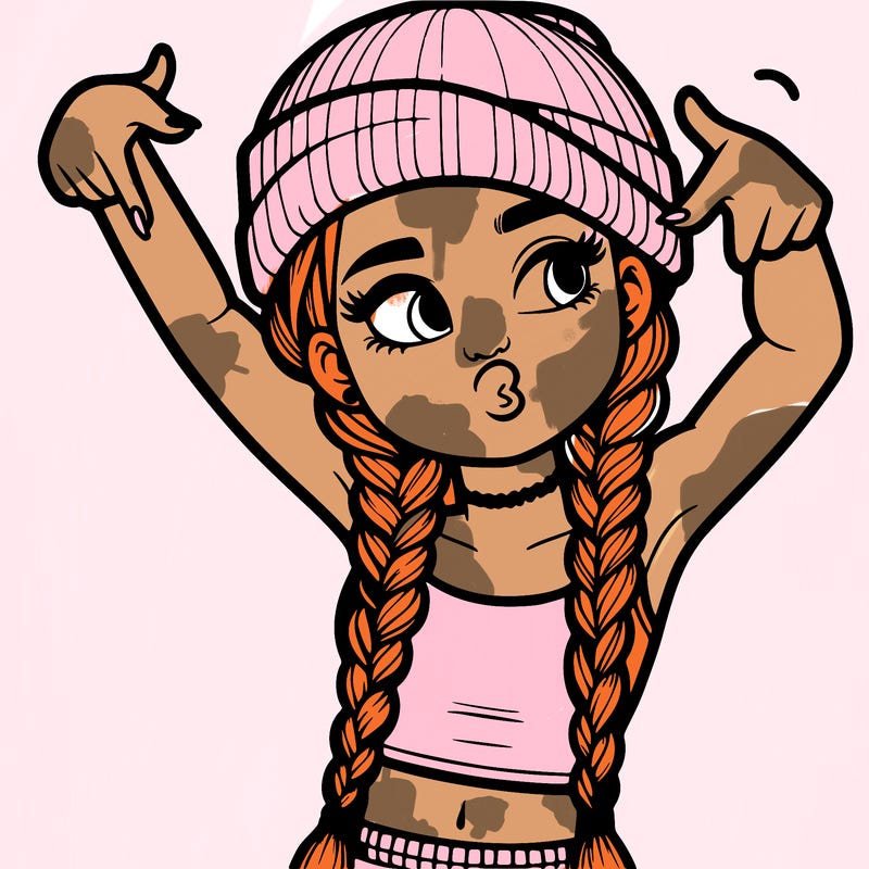 realistic teenage girl with braids and a beanie and crop top doing 🫶🏼