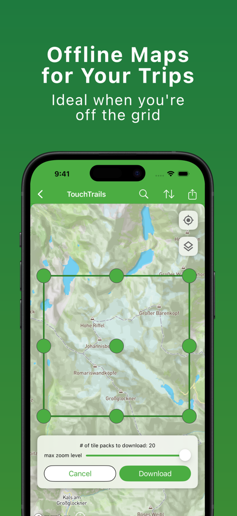 TouchTrails – Route Planner - Interfaz de la aplicación TouchTrails mostrando la selección de un área del mapa para descargar mapas sin conexión.