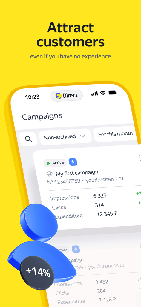 Yandex Direct app interface on a smartphone showing active ad campaign metrics including impressions and clicks