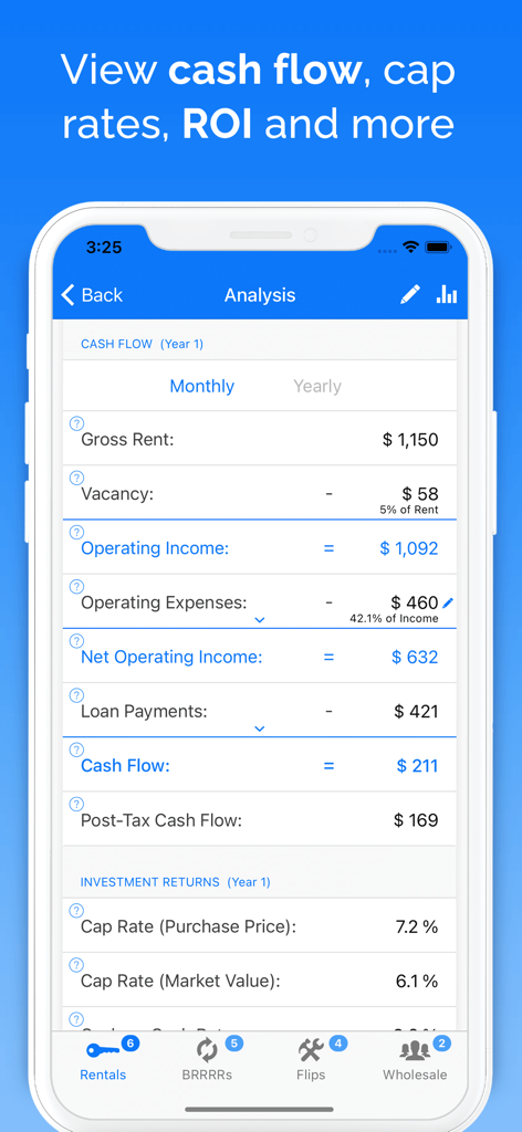 DealCheck: Analyze Real Estate - 賃貸物件分析のための月間キャッシュフローと投資収益指標を表示するDealCheckアプリの画面