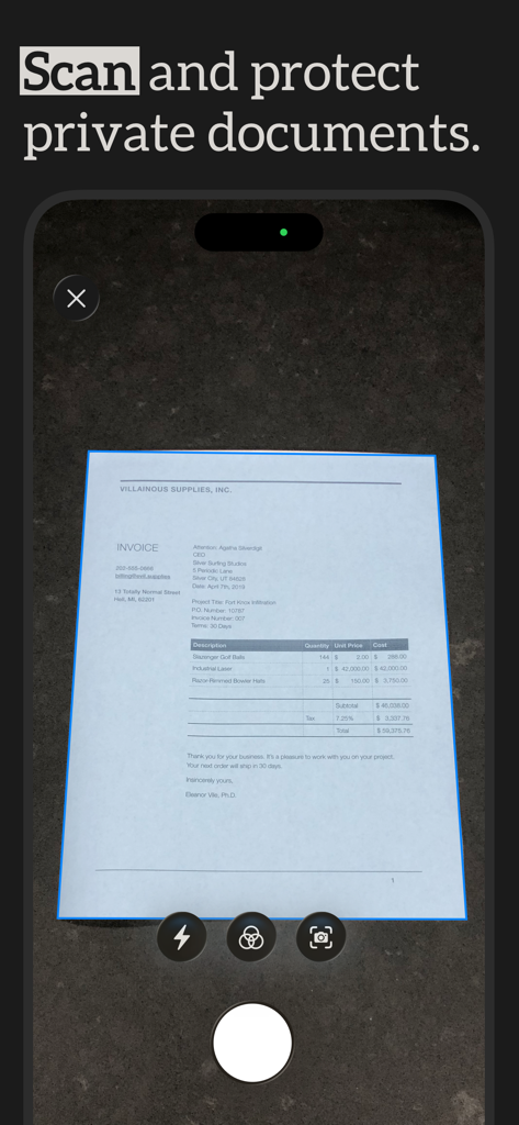 Black Highlighter: Redact Text - iPhone screen showing the document scanner feature scanning a paper invoice for redaction