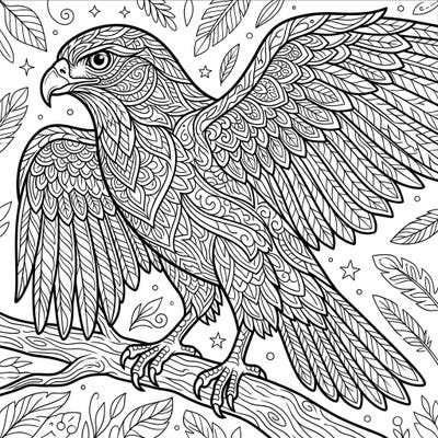 Immerse yourself in the majestic world of raptors with this intricate hawk coloring page, designed specifically for adults. Its stunning detail and complex patterns offer a deeply satisfying and meditative coloring experience.