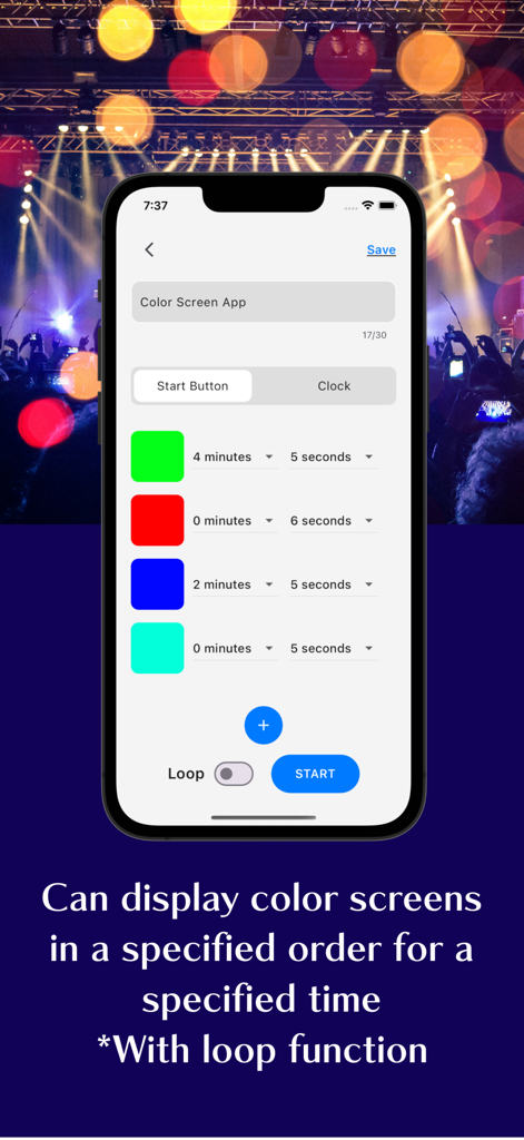 Interface mostrando uma sequência programada de cores com durações personalizadas e função de loop.