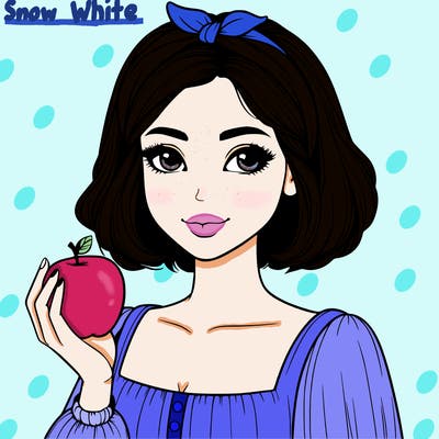 a woman with medium short hair, wearing a headband with a small bow, carrying an apple in her hand, realistic