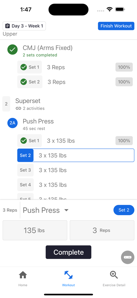 Perch Fitness - The Perch Fitness app interface displaying a workout session with exercise logs for CMJ and push press.