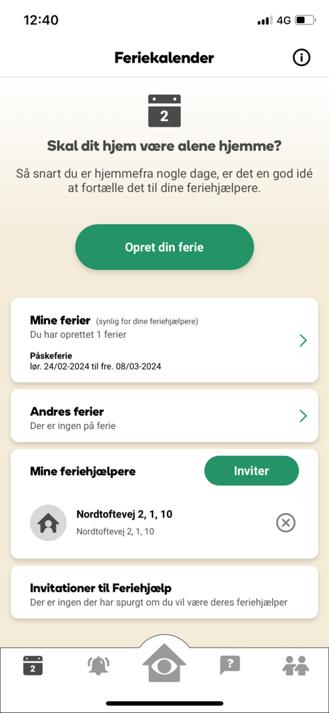 Nabohjælp - 隣人と休暇中の家見守りを設定するためのNabohjælpアプリ画面。