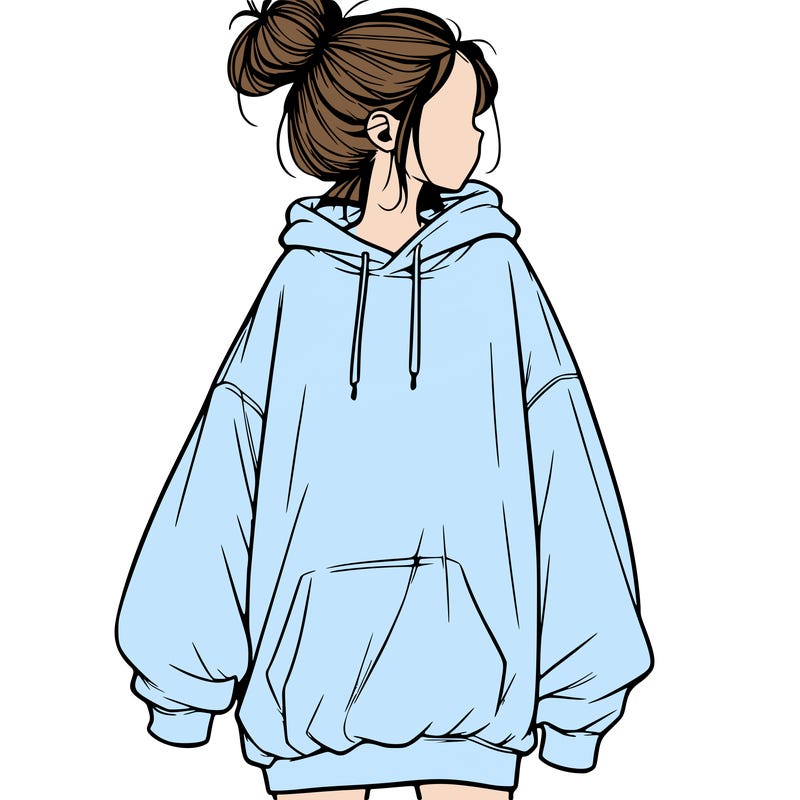 realistic girl with a oversized sweatshirt on and a bun