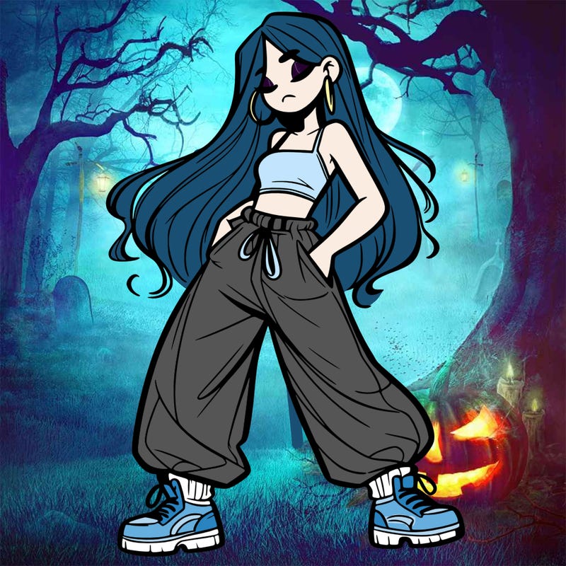 girl in baggy pants crop top and long hair